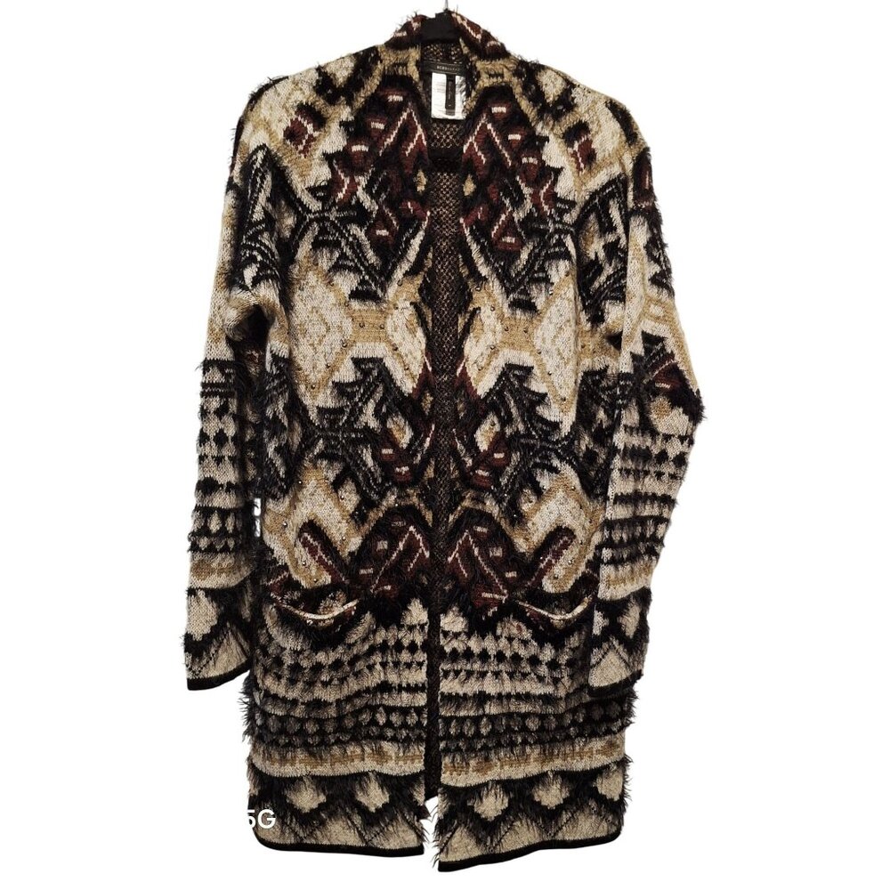 BCBGMAXAZRIA Womens Aztec Pattern Open Front Cardigan Sweater M Oversized Artsy